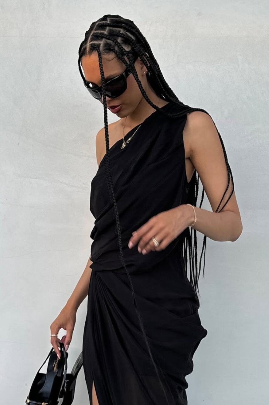 L'Academie by Marianna | NWT Morgane Gown in Black Asymmetric Draped Maxi L